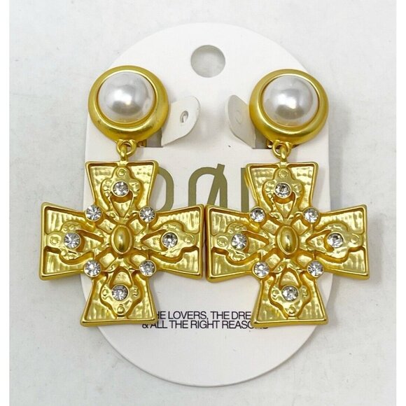 New 8 Other Reasons Gold Tone Faux Pearl Rhinestone Maltese Cross Earrings - Picture 1 of 4